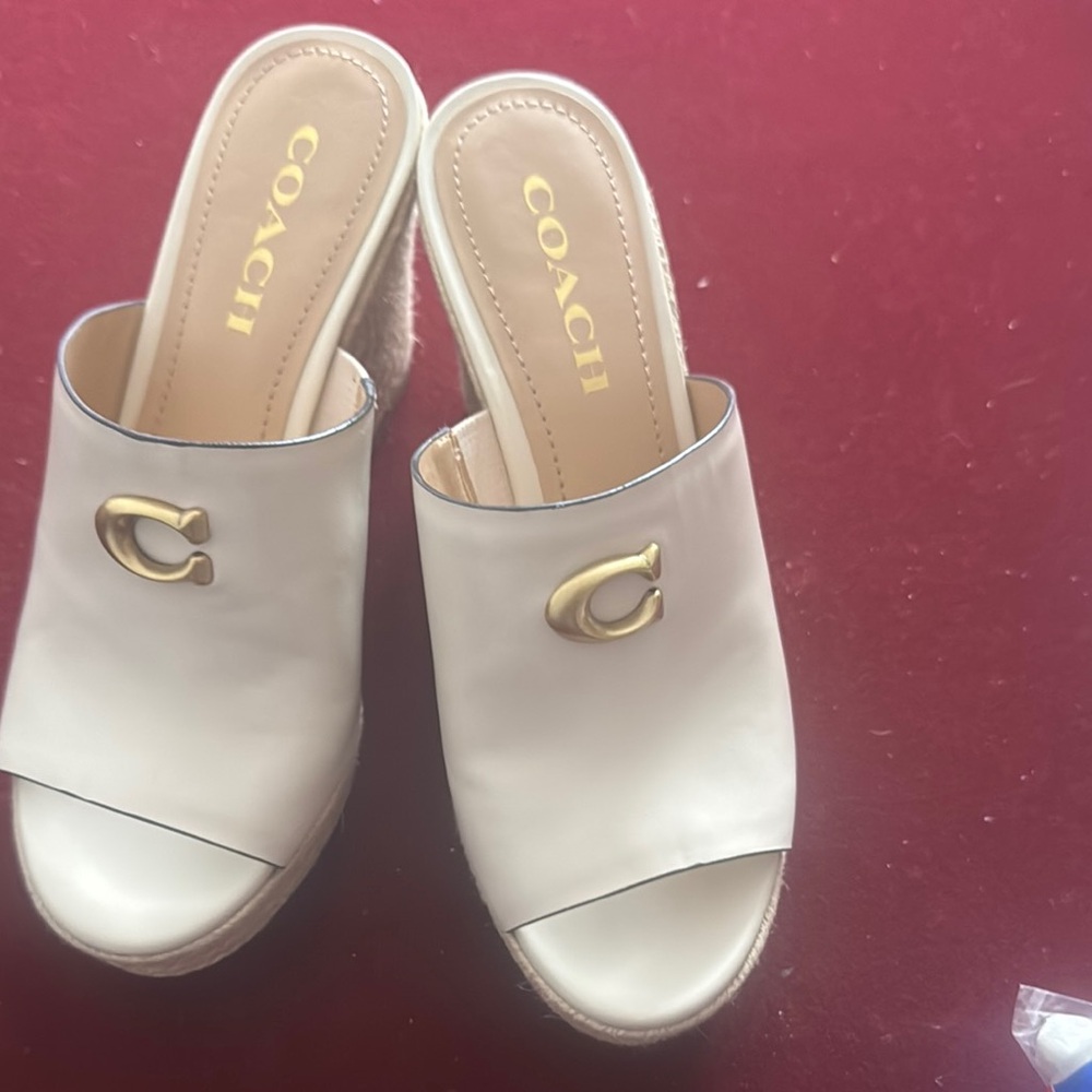Coach Cream Mules with Gold Accent and Block Heel